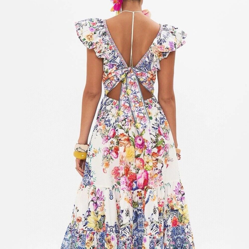 CAMILLA "Dutch Is Life" Tiered Frill V-Neck Open Back Maxi Cotton Dress, L $899 - Picture 10 of 16